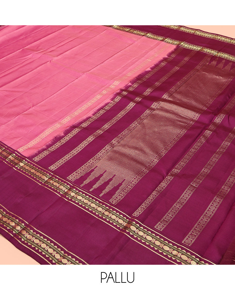 Pink Plain Kanchipuram Silk Saree, Complemented by a Contrast Rettai Pettu Border of Rekku, Muthu, and Poun Designs, Seppu Rekku Pallu, and a Contrast Blouse