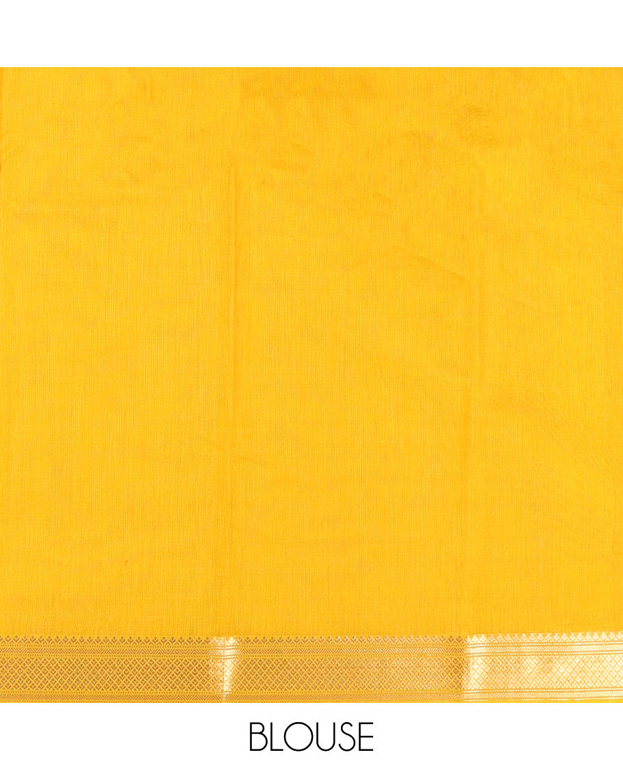 Yellow Silk Cotton Saree, Sparsely Woven with Geometric Buttas All Over Its Body, Highlighted by Traditional Zari Designs Woven Border, Grand Jaal Pallu and Paired with a Matching Blouse