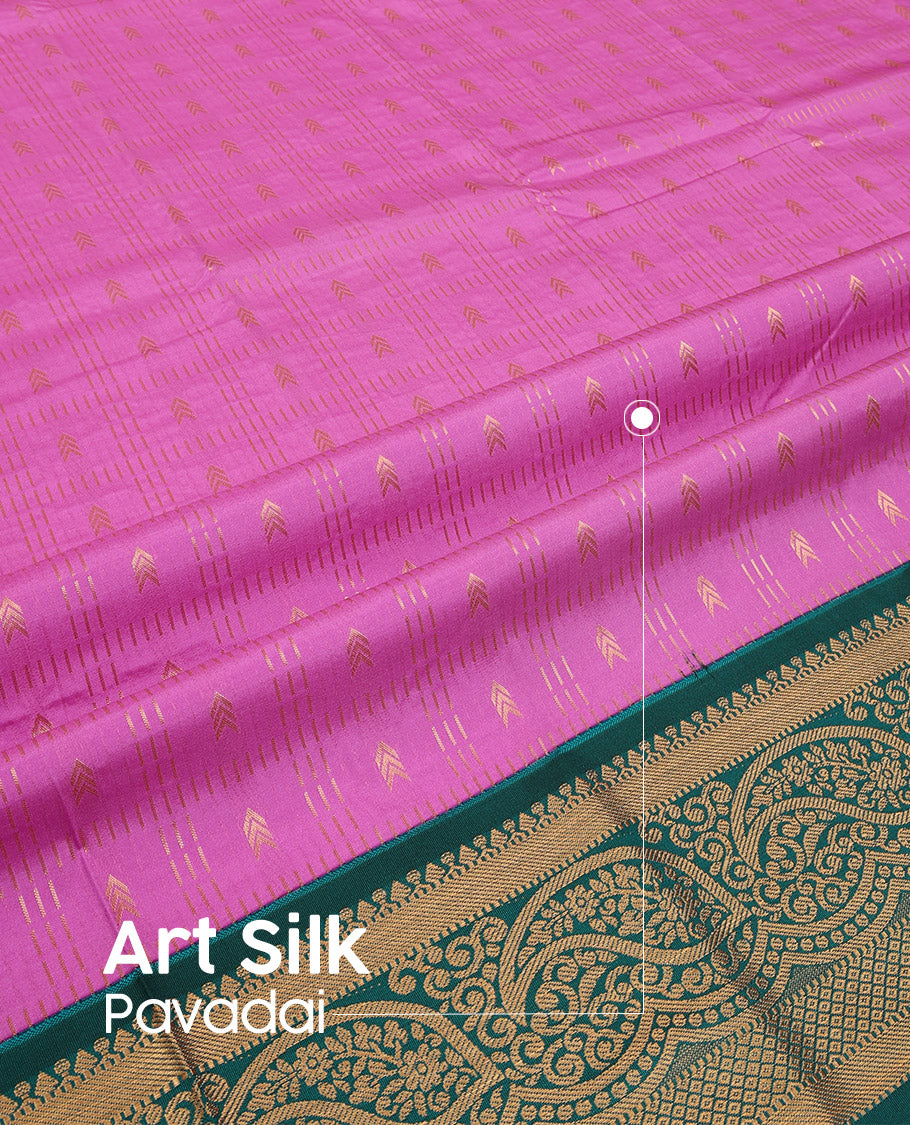 Pink Art Silk Pavadai Material Set, Prettified with Zari Butta Enclosed Checks All Over the Skirt, Complemented by a Contrast Paisley Zari Border, and Paired with a Contrast Blouse