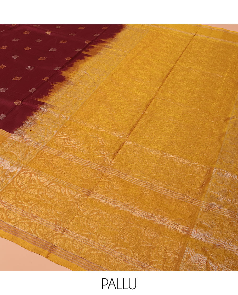 Maroon Uppada Silk Saree Ornamented with Zari Buttas, Complemented by a Contrast Zari Border of Bird Designs, Contrast Pallu of Scallop Designs, and Paired with a Contrast Blouse