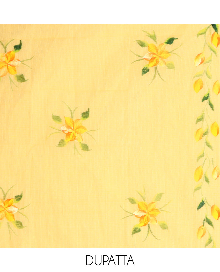 Yellow Net Kota Material Churidar, Adorned with Hand-Brush Painting Floral Printed Top, a Plain Bottom, and Hand-Brush Floral Printed Dupatta