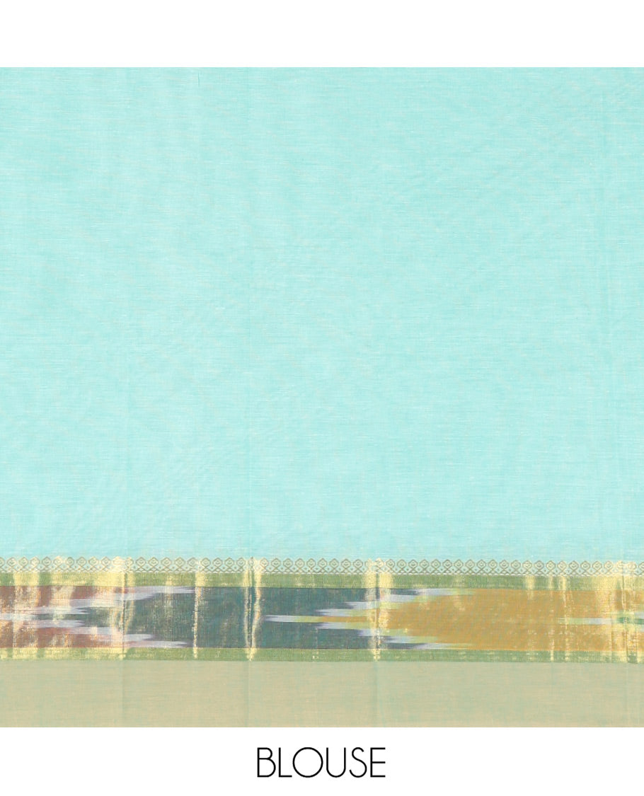 Turquoise Kanchi Cotton Saree, Showcasing Buttas All Over Its Body, Complemented by a Contrast Ikkat Border, Pallu of Floral Design, and Paired with a Matching Blouse