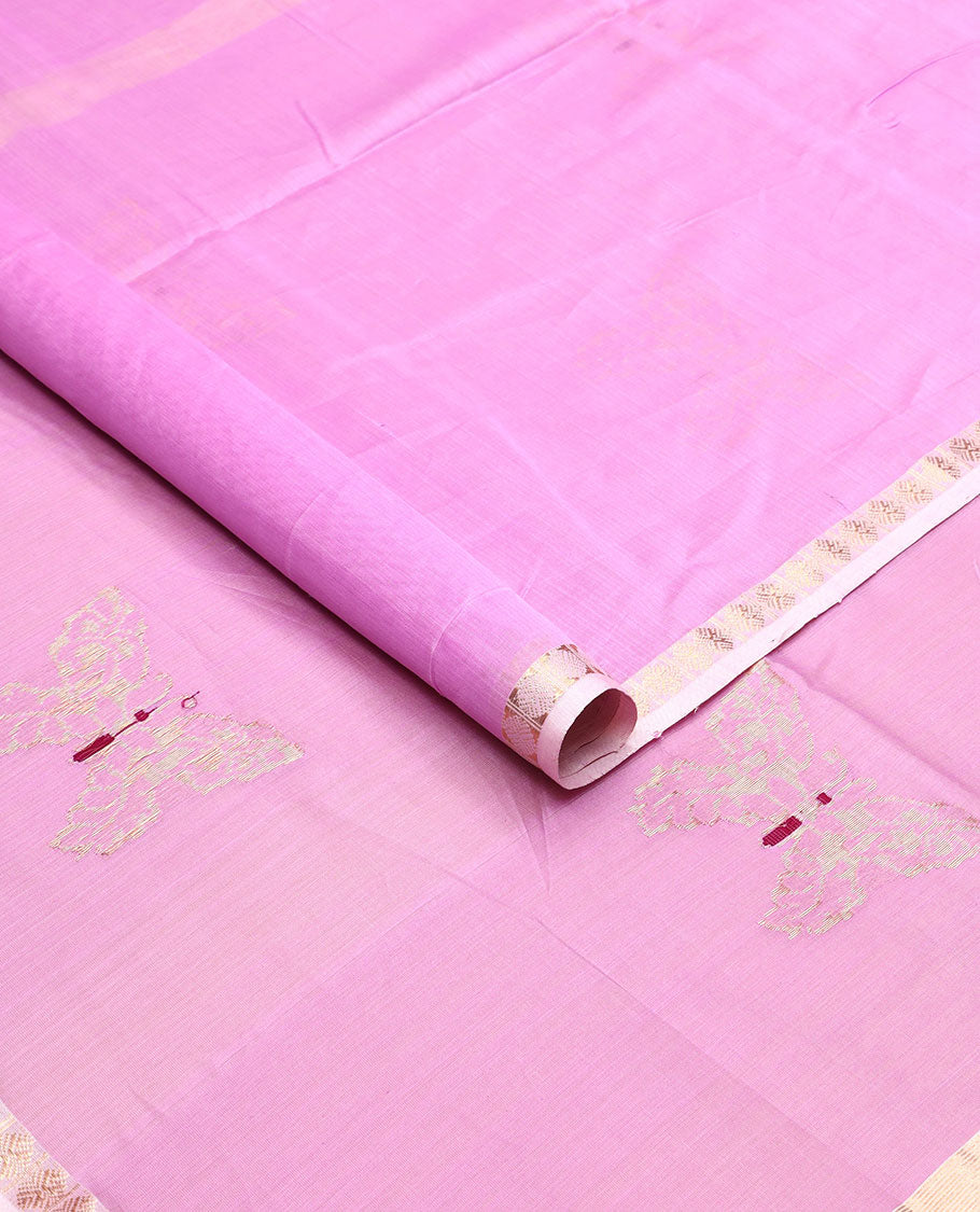 Light pink motifs maheswari cotton saree with contrast zari design border & butterfly motifs pallu