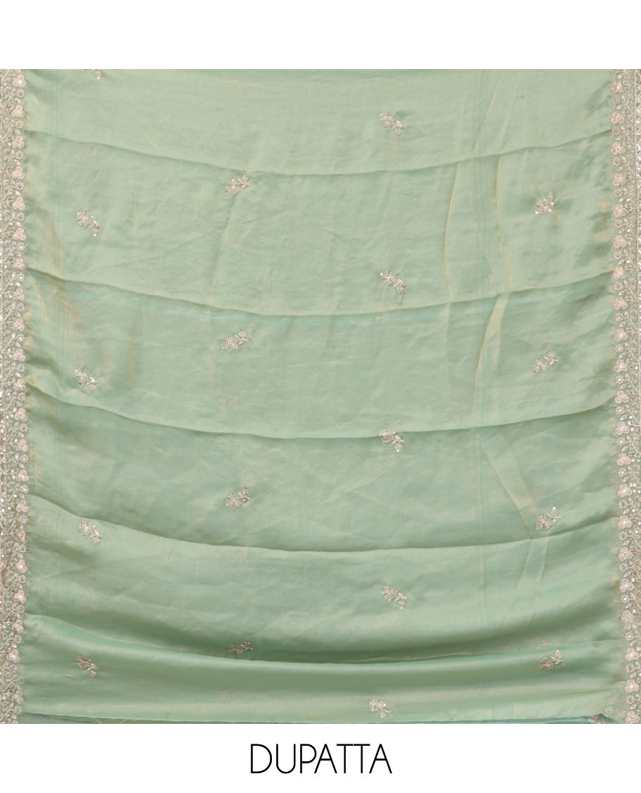 Pista Green Fendy Organza Material Chudidar Set, Adorned with Neck Embroidered Top, a Santoon Bottom, and a Embroidered Dupatta