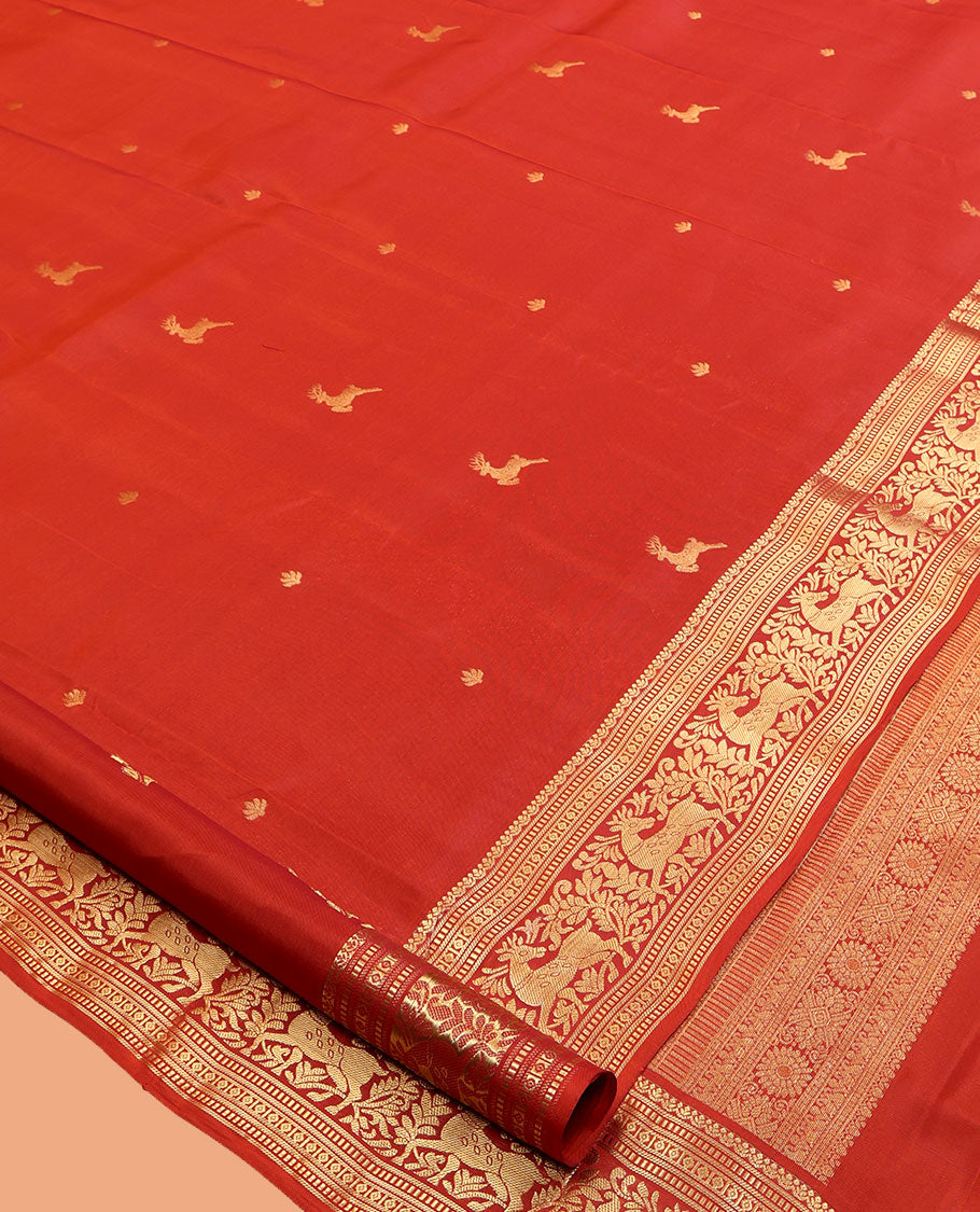 Rust Vasundhara Lite Silk Mix Saree, Gleamed Up with Zari Buttas, a Zari Border of Muthu, Banaras, and Maan Designs, Jaal Pallu, and a Matching Blouse