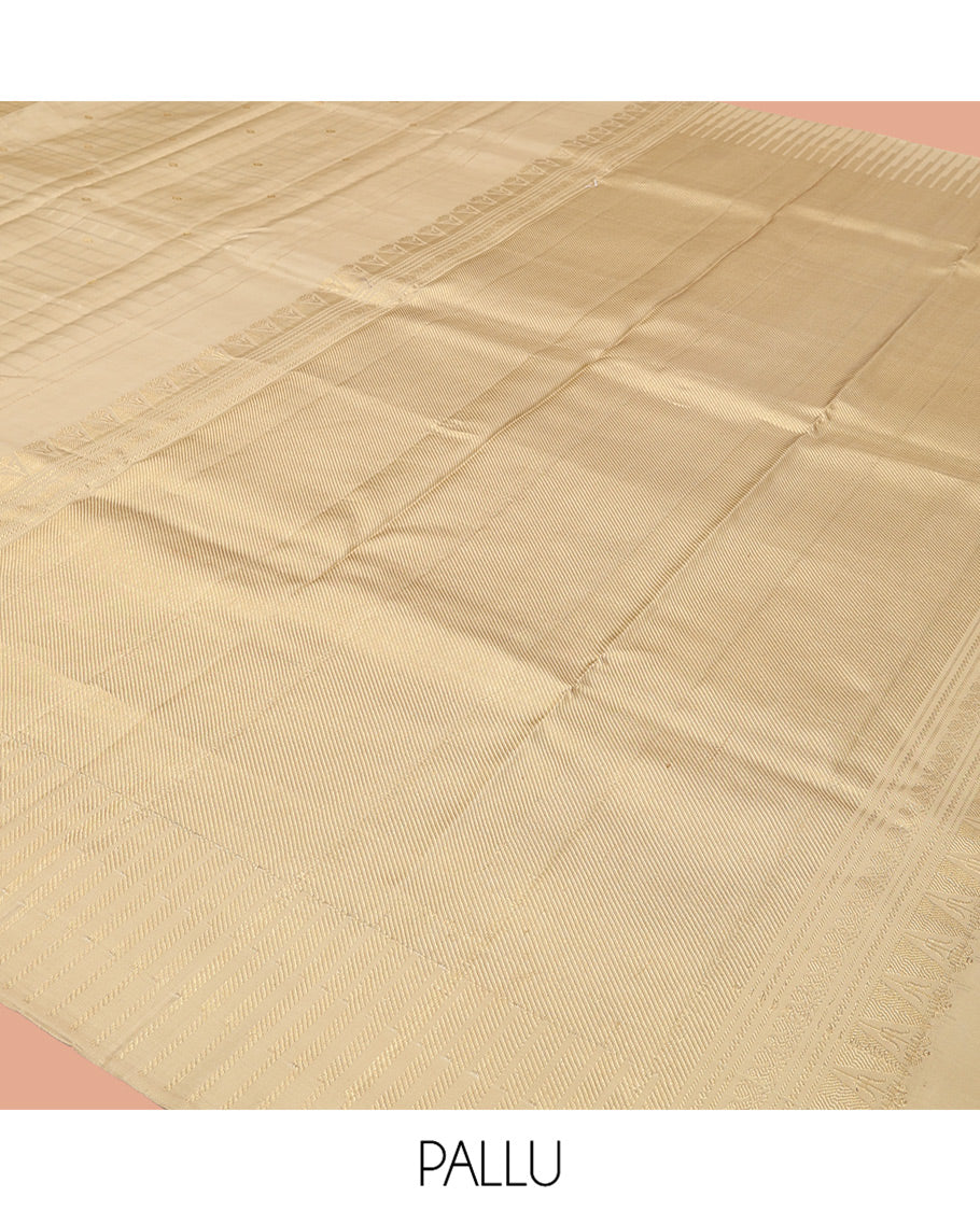 Light Sandal Kanchipuram Designer Silk Saree, Masterfully Woven with Zari Checks, Highlighted by Temple Zari Muniya Border, Zari Woven Pallu, and a Matching Blouse