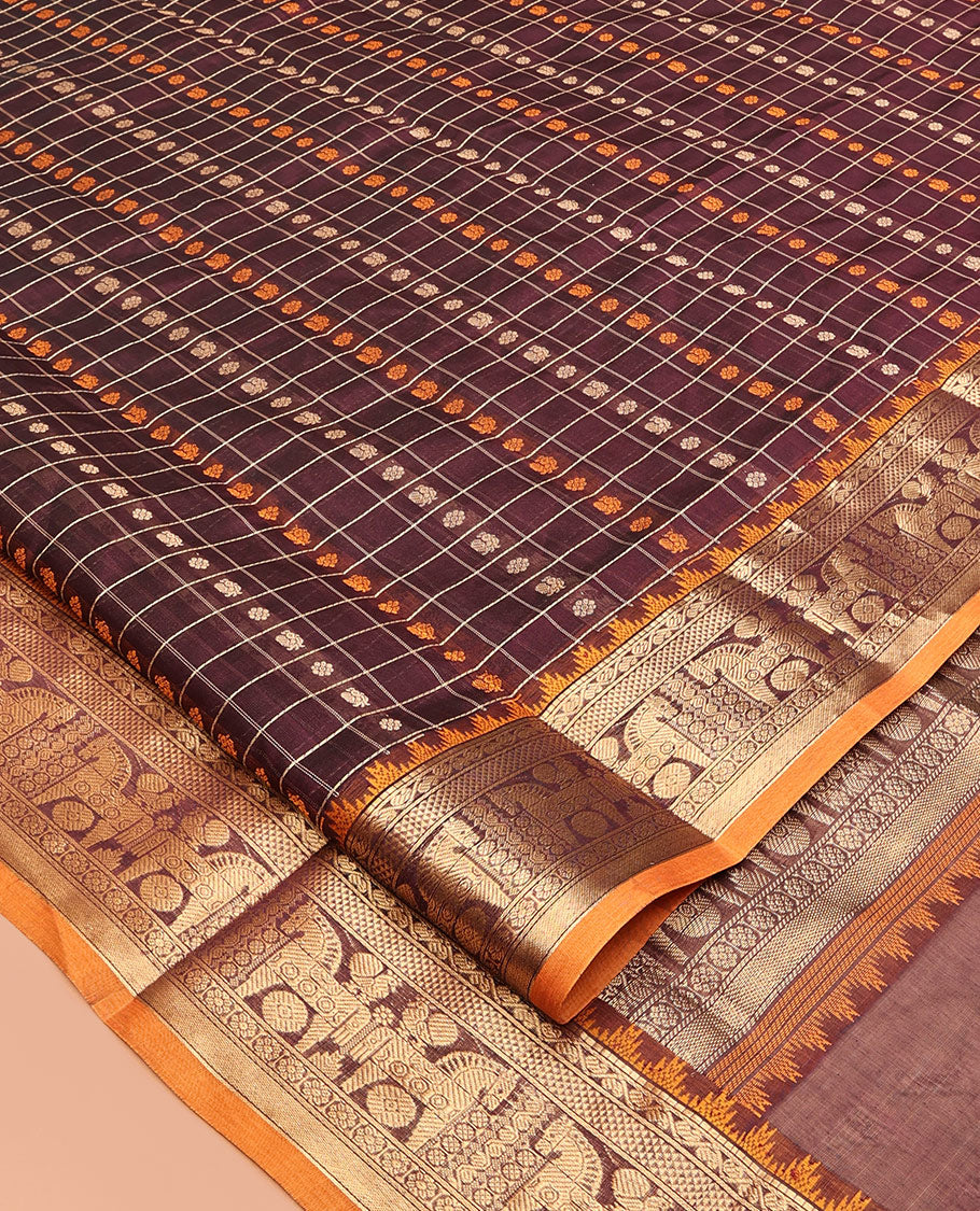 Brown Butta-Checked Kuppadam Silk Saree, a Semi-Contrast Traditional Border, Grand Pallu, a Matching Blouse