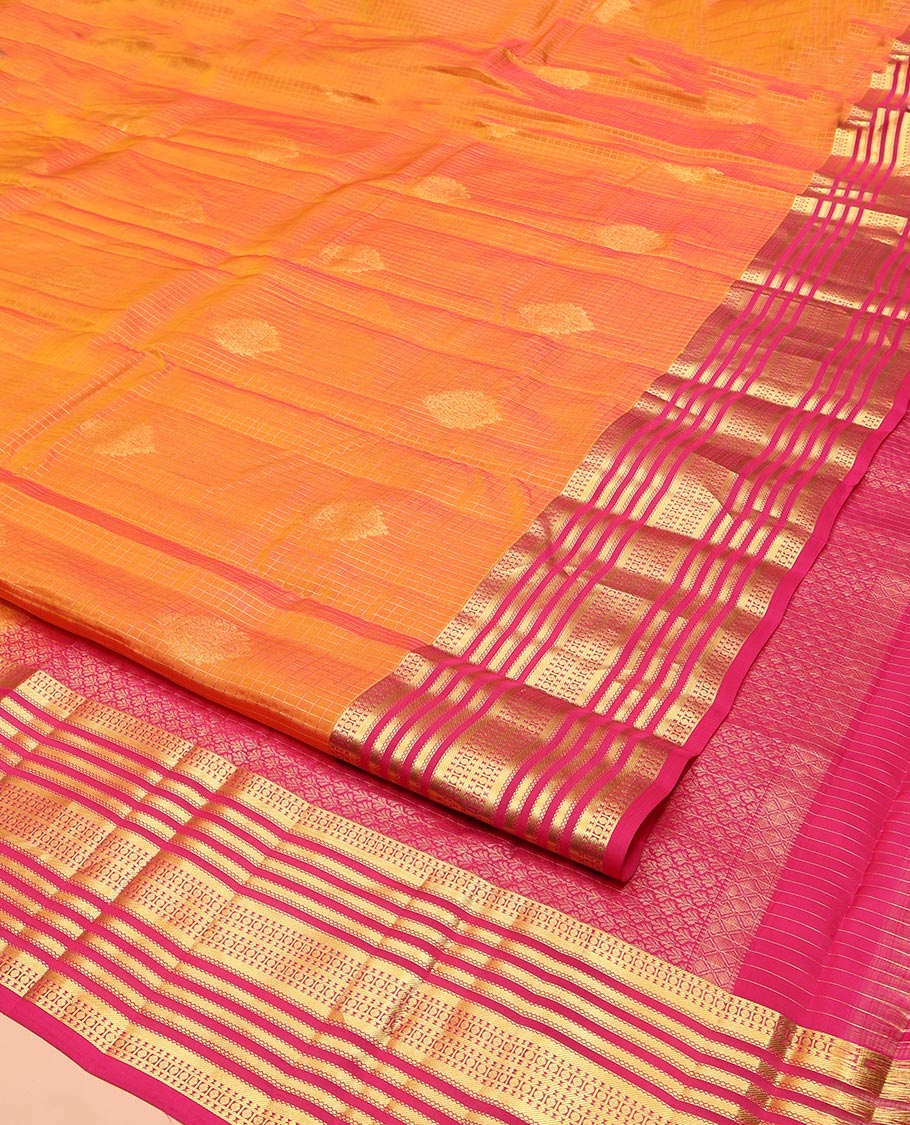 Orange Vasundhara Lite Silk Mix Saree, Elegantly Highlighted with Zari Buttas and Checks on Its Body, Complemented by a Contrast Border of Poun and Banaras Designs, Grand Jaal Pallu, and Paired with a Contrast Blouse