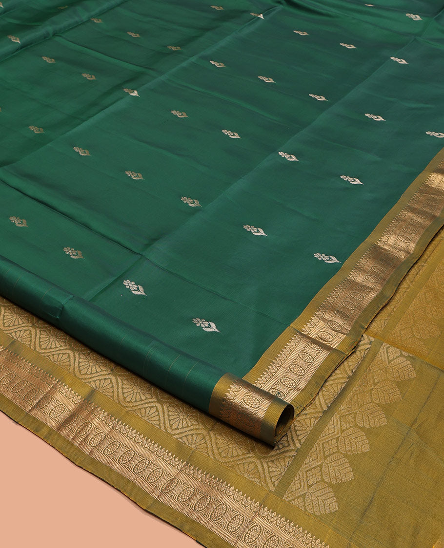 Green Uppada Silk Saree, Highlighted with Zari Buttas, a Contrast Traditional Zari Border, Contrast Intricate Pallu, and a Contrast Blouse