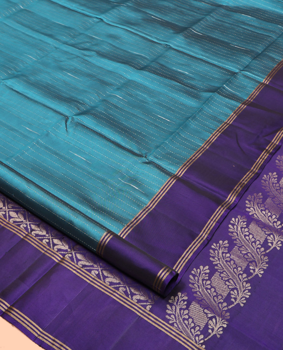 Blue Mayuri Lite Silk Mix Saree, Decorated with Stripes and Malli Mokku Buttas, Complemented by Contrast Border, Grand Jaal Pallu, and a Contrast Blouse