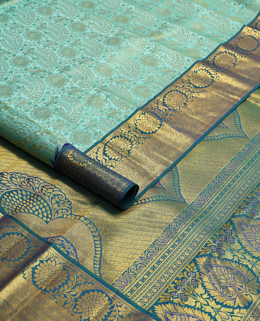 Sea blue floral jaal design kancheepuram silk saree with self border of muthu, kodi visiry design & zari design pallu