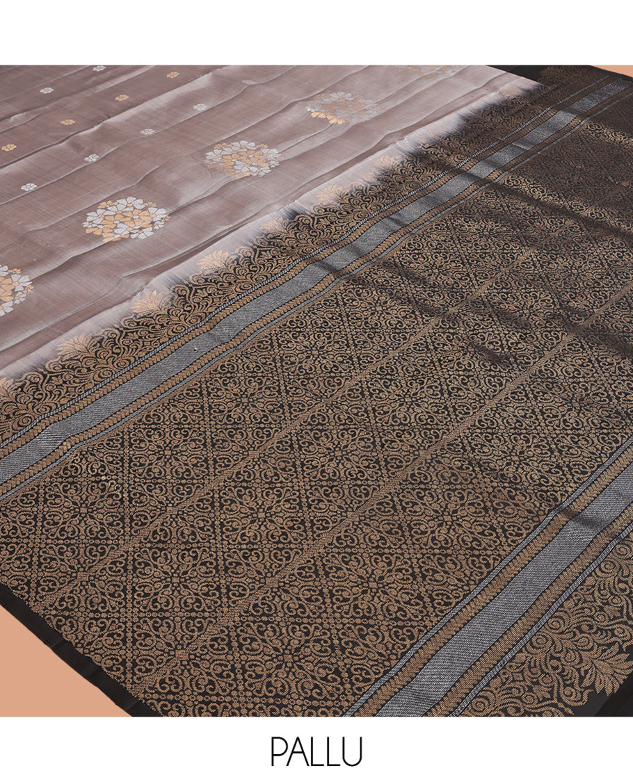 Grey Mayuri Lite Silk Mix Saree, Woven with Zari Buttas, Complemented By Contrast Border of Floral Buttas, a Grand Pallu, and a Contrast Blouse