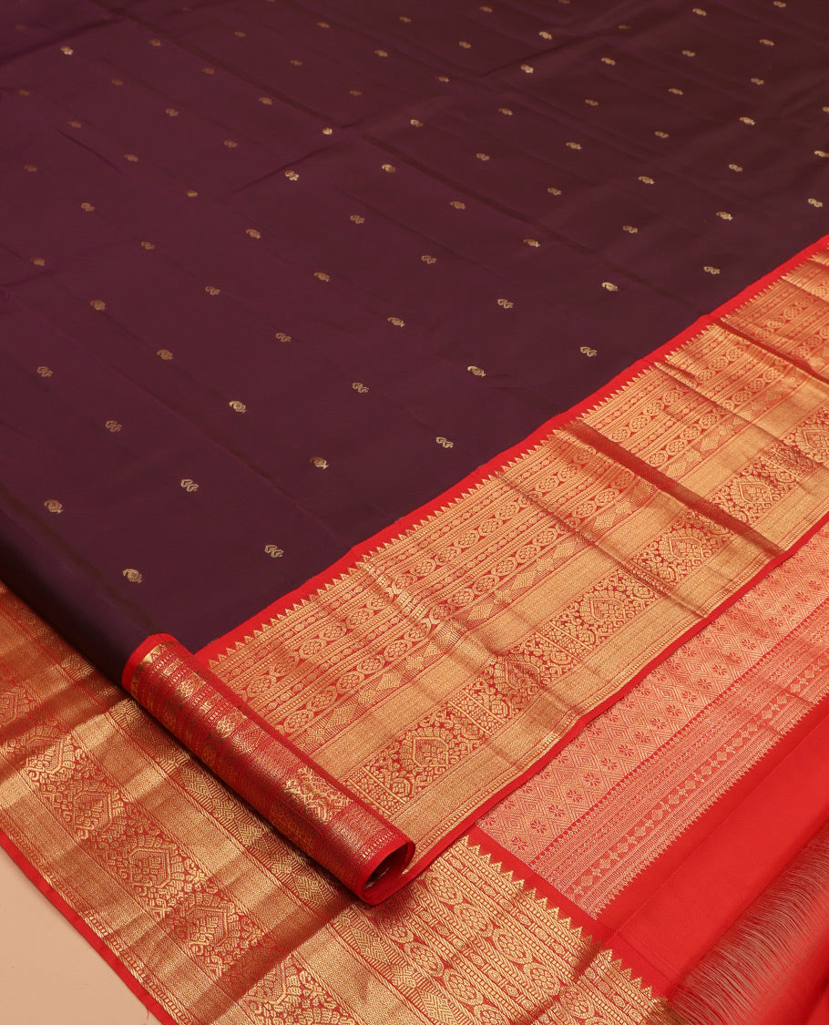 Brown Zari Buttas Vasundhara Lite Silk Mix Saree, a Contrast Rekku-Kodi Visiry-Mayil Kann Border, a Contrast Border