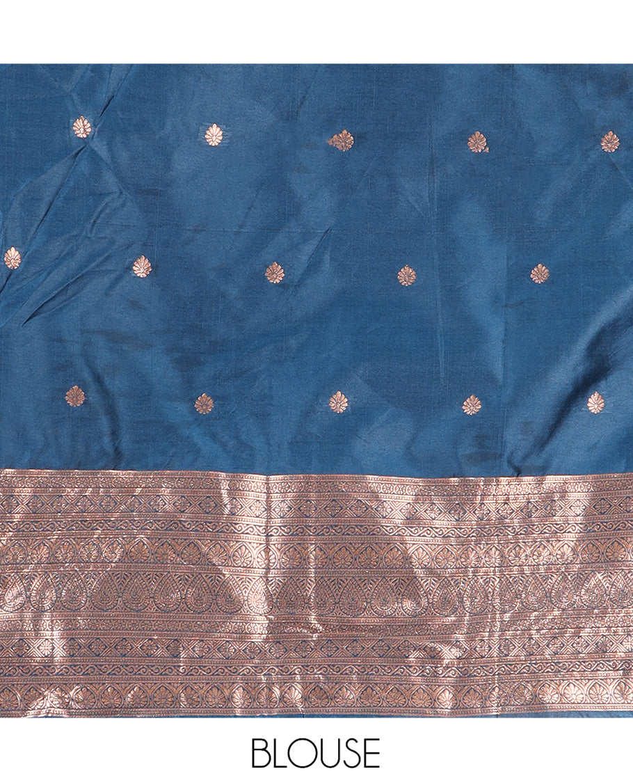 Peacock Blue Semi-Silk Half-Saree, Detailed with Zari Buttas Skirt, a Matching Blouse, and a Zari Design Dhavani