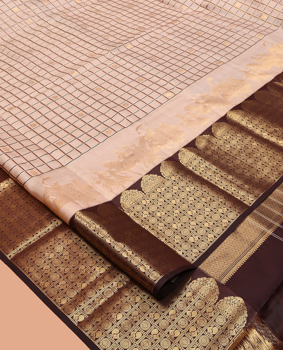 Sandal Vasundhara Lite-Silk Mix Saree Featuring Zari Butta Enclosed Checks, a Contrast Border of Annam-Chakram Enclosed Checks, Annam-Chakram Enclosed Pallu, and a Contrast Blouse