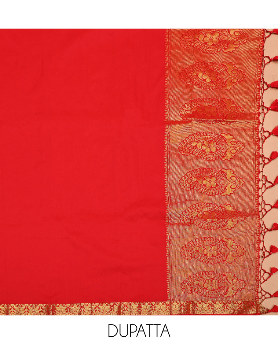Yellow Art Silk Half-Saree, Gleamed Up with Jacquard Design, Contrast Traditional Zari Border, Paired with a Contrast Jacquard Blouse, and an Intricate Dhavani