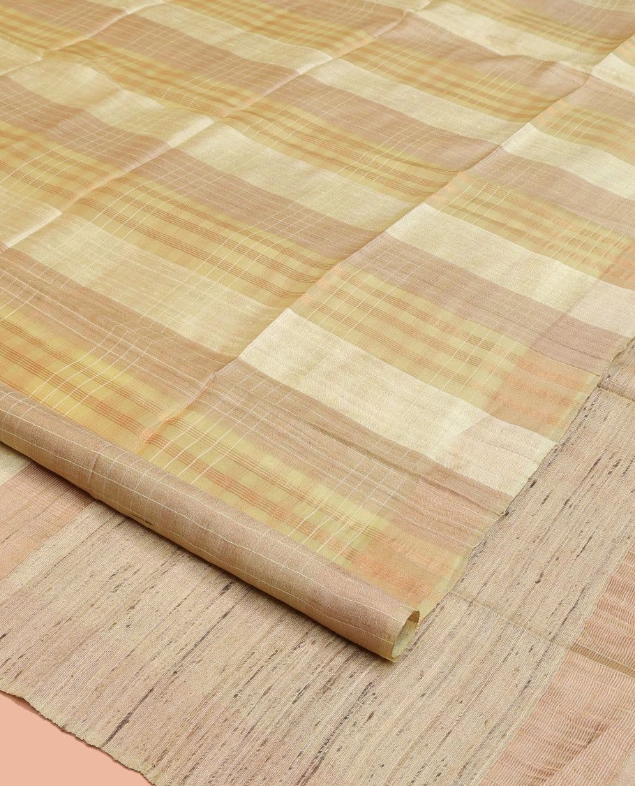 Borderless Yellow Tussar Silk Saree, Enthralled with Checked Design on Its Body, a Self-Heathered Pallu, and Paired with a Matching Blouse