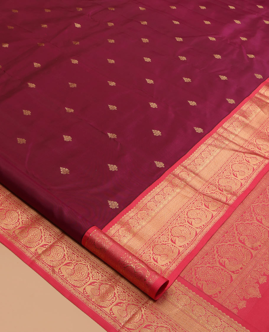 Maroon Vasundhara Lite Silk Mix Saree, Woven with Zari Buttas, a Contrast Border of Mayil Designs, Floral Pallu, and a Contrast Blouse