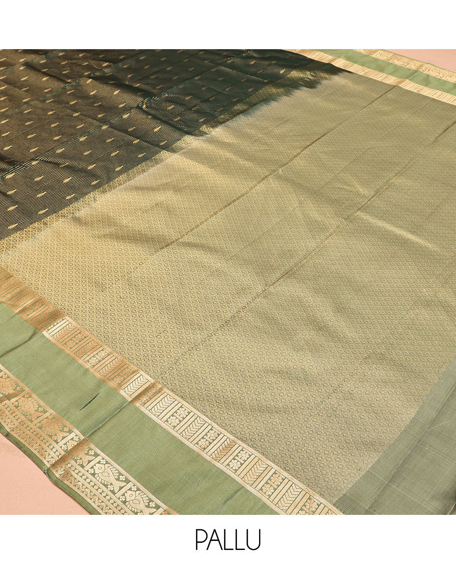 Green Vasundhara Lite Silk Mix Saree, Elevated with Zari Buttas and Strpes, a Contrast Rettai Pettu Zari Border, a Grand Pallu, and a Contrast Blouse