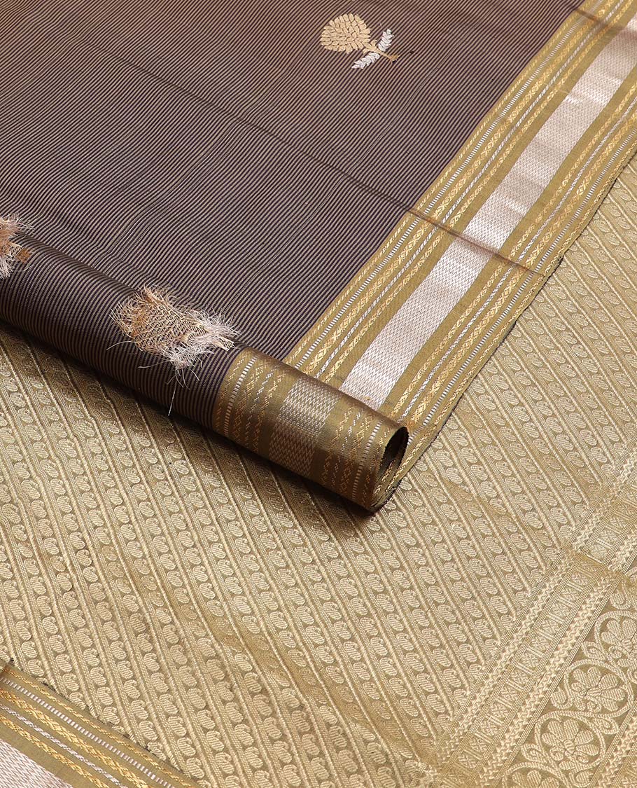 Brown striped, floral motifs mayuri soft silk saree with self striped border & floral design pallu