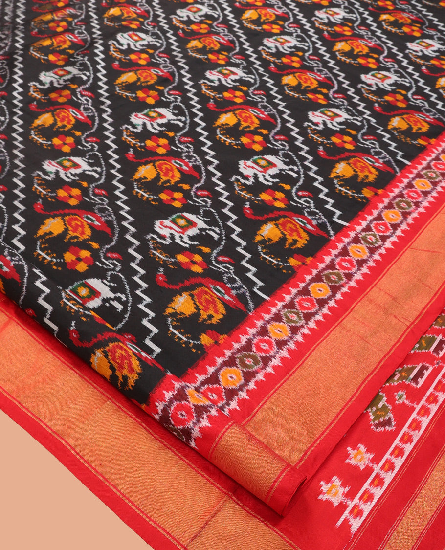 Black Floral-Animal Motif Pochampally Ikat Saree, Contrast Border