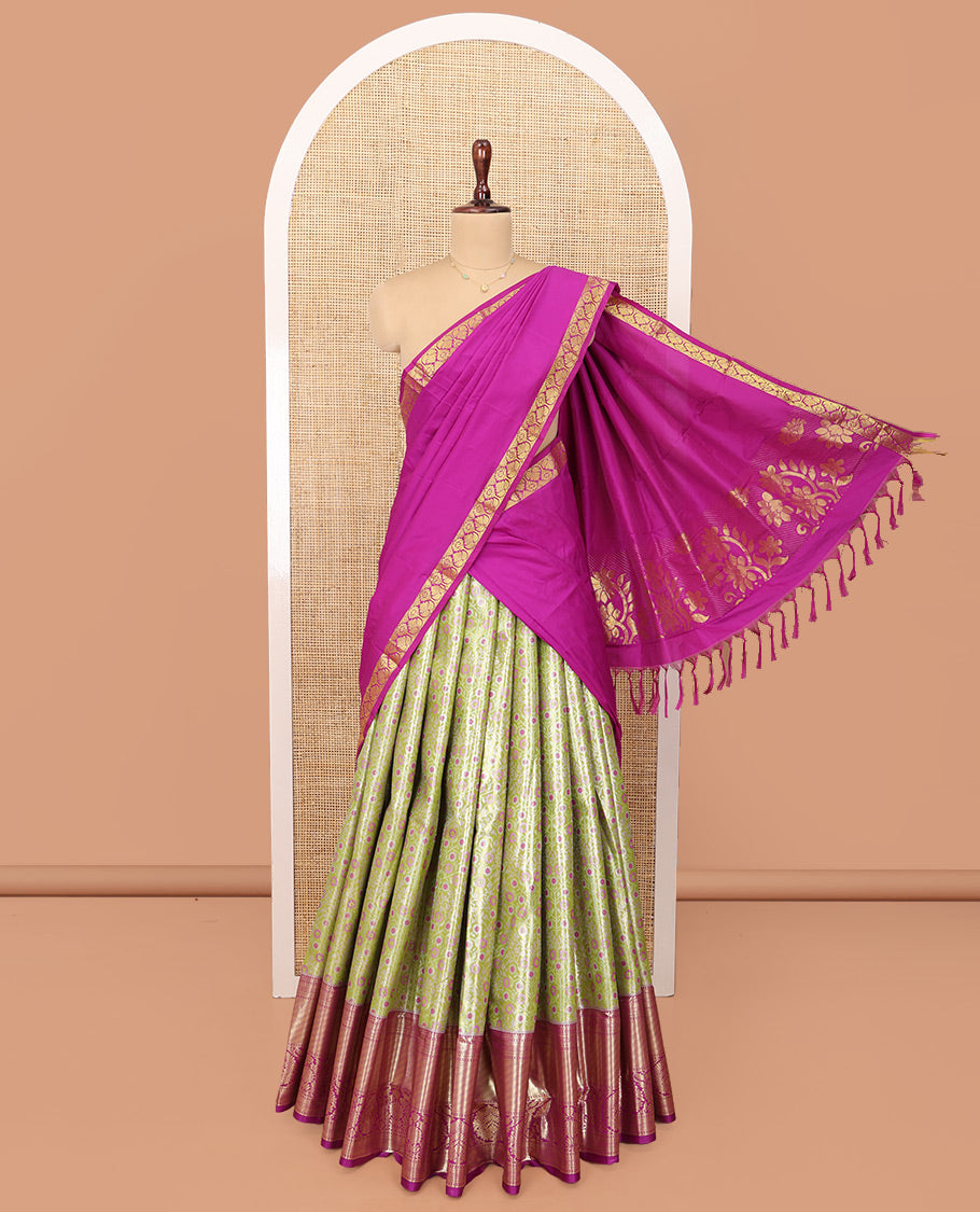 Green Art Silk Material Half Saree Set, Finely Crafted with Floral Jacquard Design Skirt, a Contrast Traditional Zari Design Border, Contrast Zari-Jacquard Blouse, and a Dhavani of Floral Designs