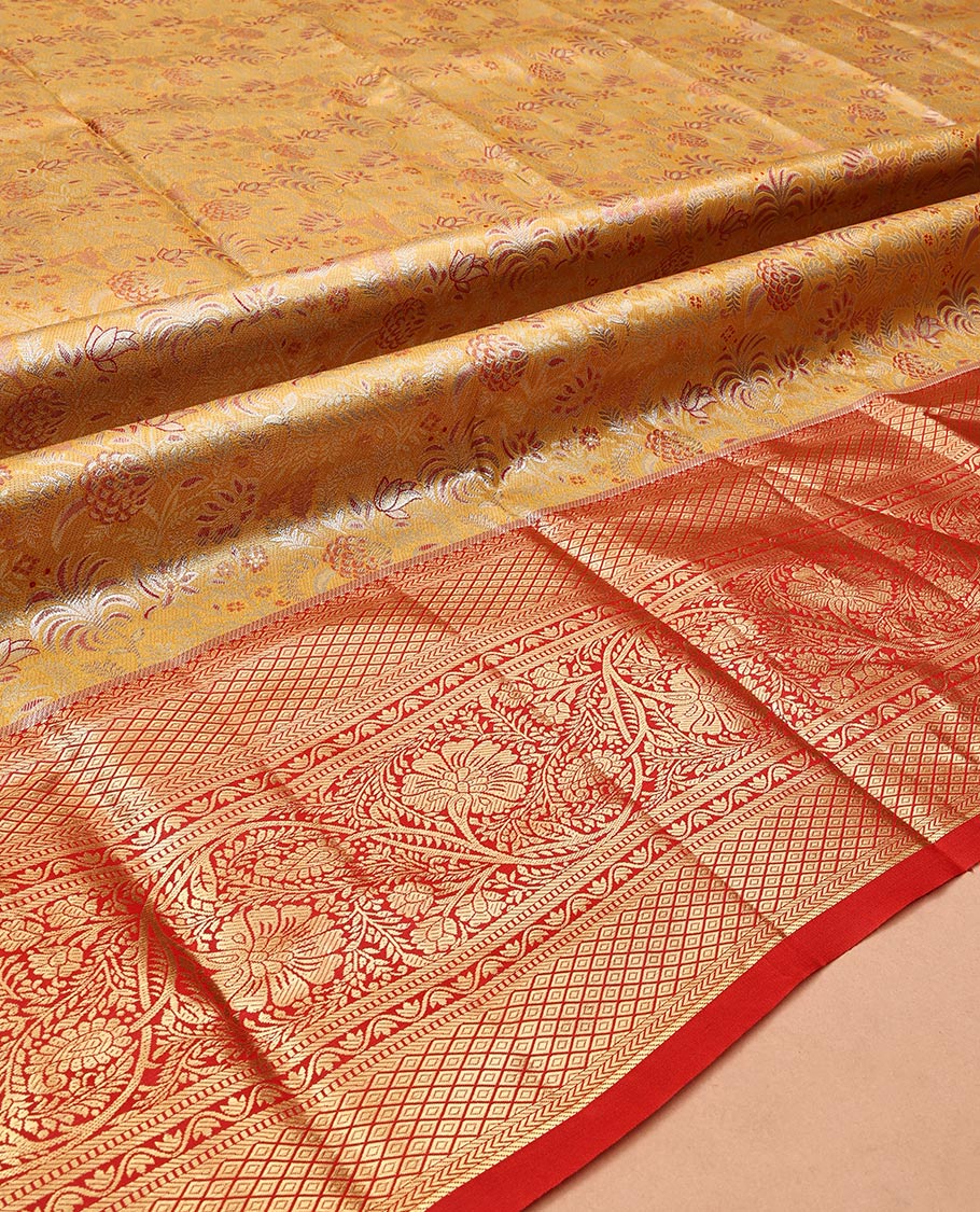 Yellow Art Silk Half-Saree, Gleamed Up with Jacquard Design, Contrast Traditional Zari Border, Paired with a Contrast Jacquard Blouse, and an Intricate Dhavani