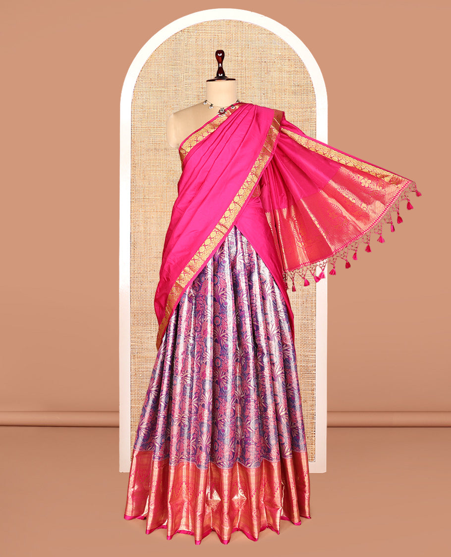 Violet Art Silk Half-Saree, Woven with Tropical Floral Jacquard Design, Contrast Traditional Zari Border, Paired with a Contrast Jacquard Blouse, and an Intricate Dhavani