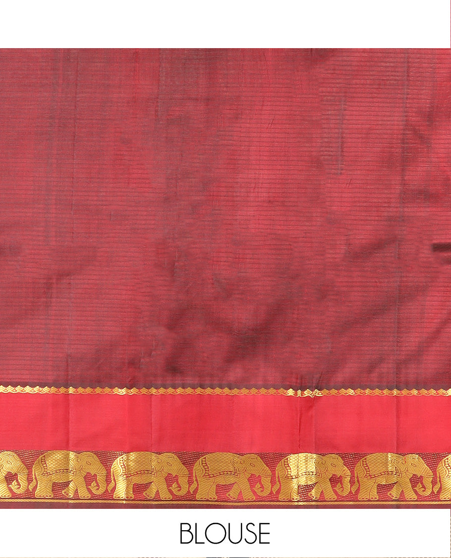 Green Dual-Toned Vazhaipoo Striped Kanchipuram Silk Saree, Complemented by Contrast Rettai Pettu Border of Thilakam Mokku, and Yaanai Designs, Pallu Subtly Woven in Stripes, and Paired with a Contrast Blouse