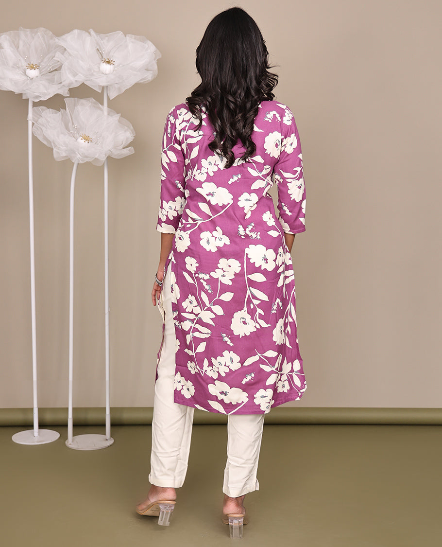 Purple Silhouette-Style Floral-Printed Below-Knee Length Cotton Kurti Features a Round Neckline, 3/4 Sleeves, and Straight Side Cut
