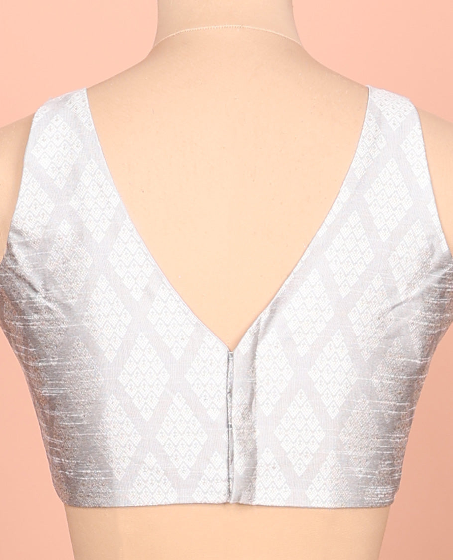 Silver jaal patterned front-back V-neck elbow-sleeve readymade blouse