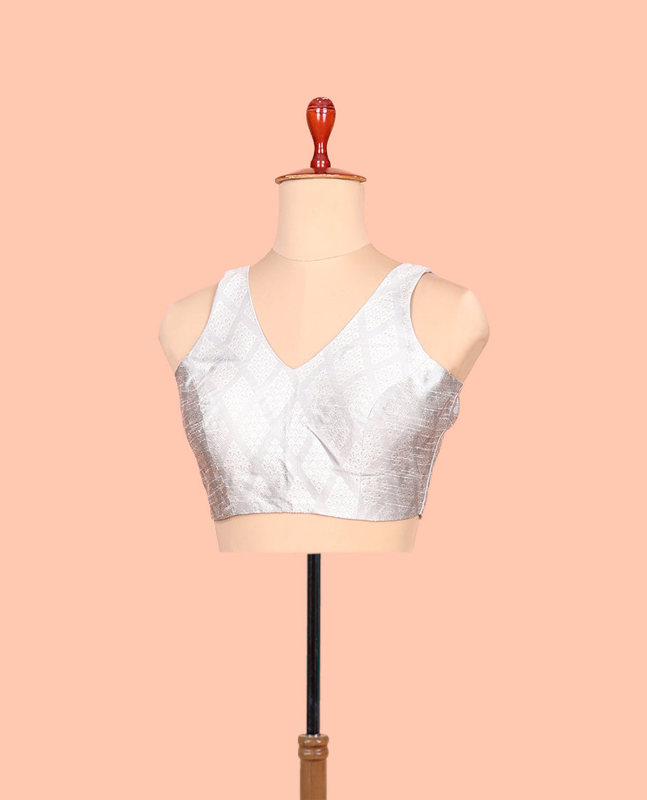 Silver jaal patterned front-back V-neck elbow-sleeve readymade blouse