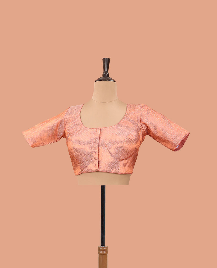 Peach geometric jacquard front-back round neck elbow sleeve readymade blouse