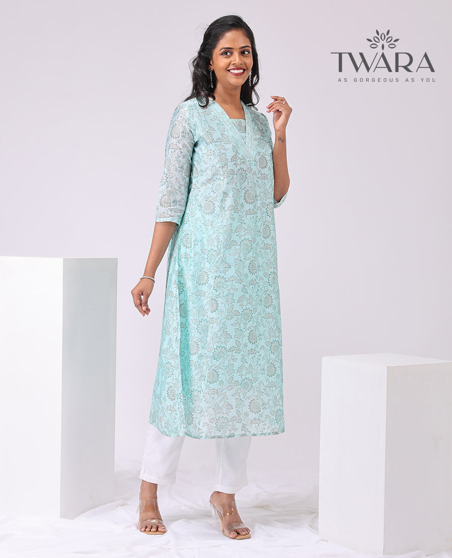 Twara Light Blue floral printed v neck, knee length , elbow sleeve kurti