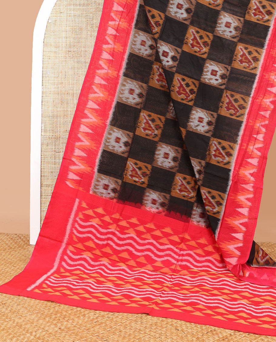 Multi-color checked, animal design ikkat cotton saree with contrast temple border & geometric design pallu