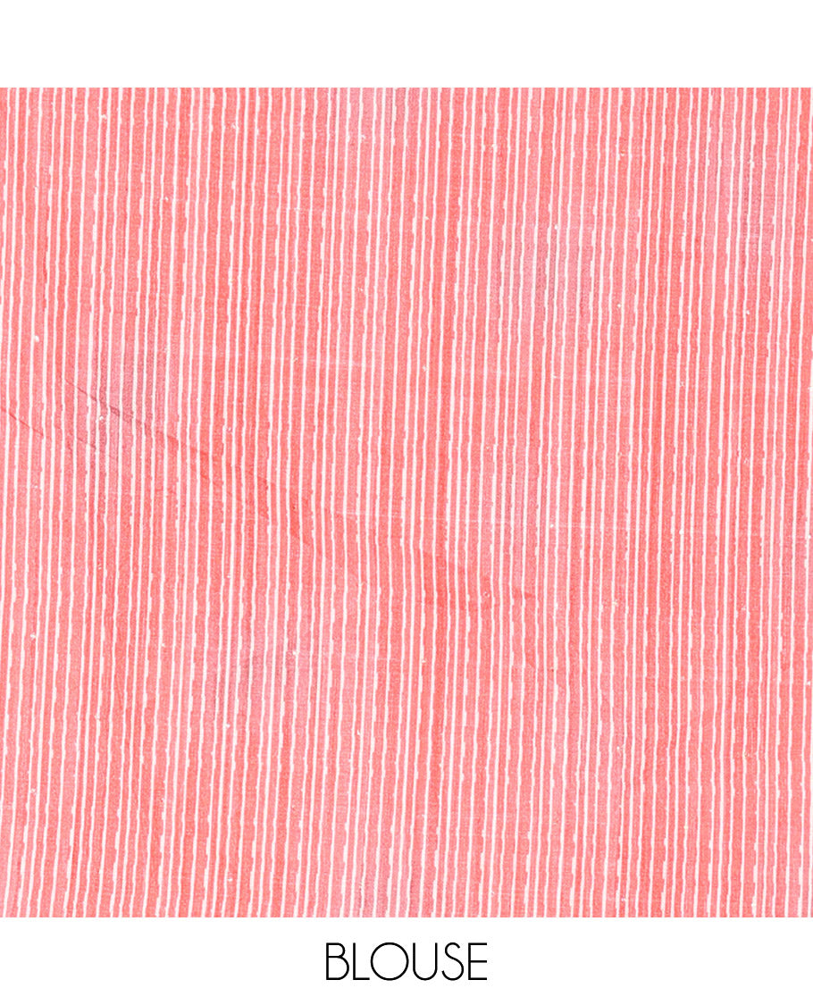 Pink sparkling dots and batik printed semi-tussar saree, contrast batik printed floral vine border, printed pallu, and a contrast printed blouse