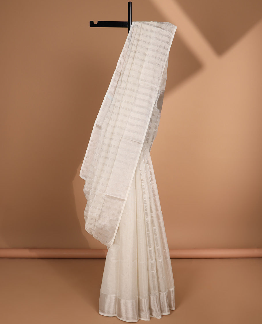 Borderless White striped kasavu saree & sliver zari striped pallu