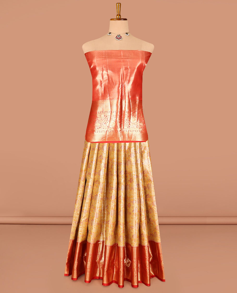 Yellow Art Silk Half-Saree, Gleamed Up with Jacquard Design, Contrast Traditional Zari Border, Paired with a Contrast Jacquard Blouse, and an Intricate Dhavani