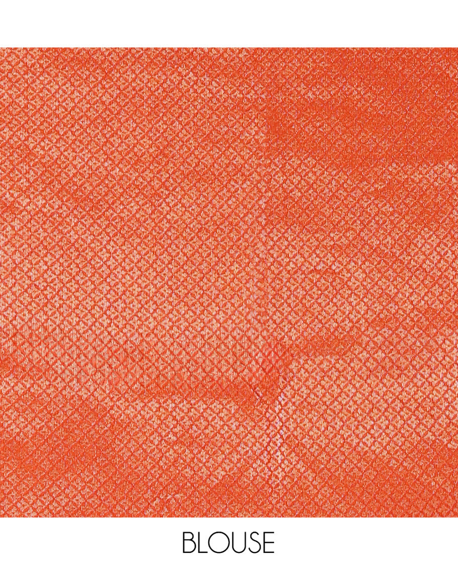 Borderless Orange Chanderi Cotton Saree, Richly Detailed with Zari Triangle Motifs Steeped All Over Its Body, Highlighted by Grand Zari Rich Pallu, and Paired with a Matching Brocade Blouse