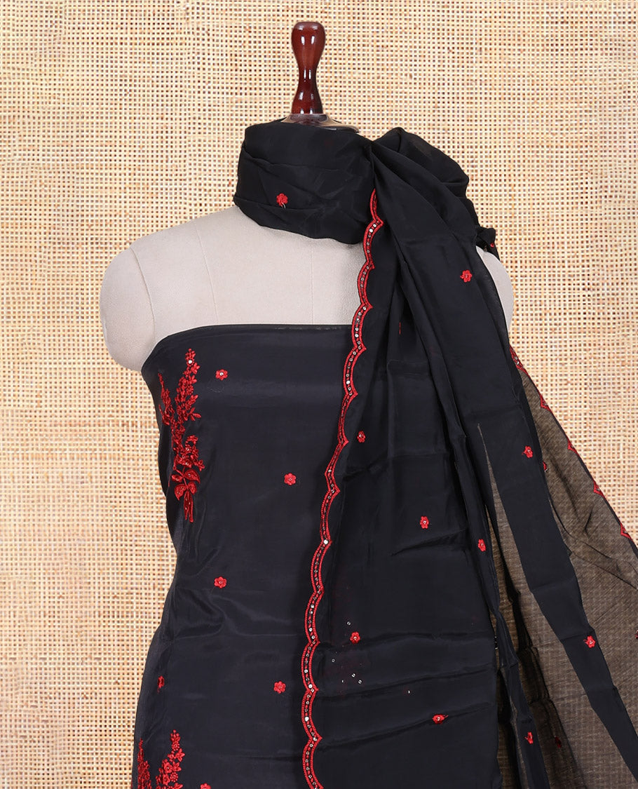 Black-Red Mul Chanderi Material Churidar Features Floral Embroidered Top, a Matching Bottom, and an Embroidered Scallop Dupatta