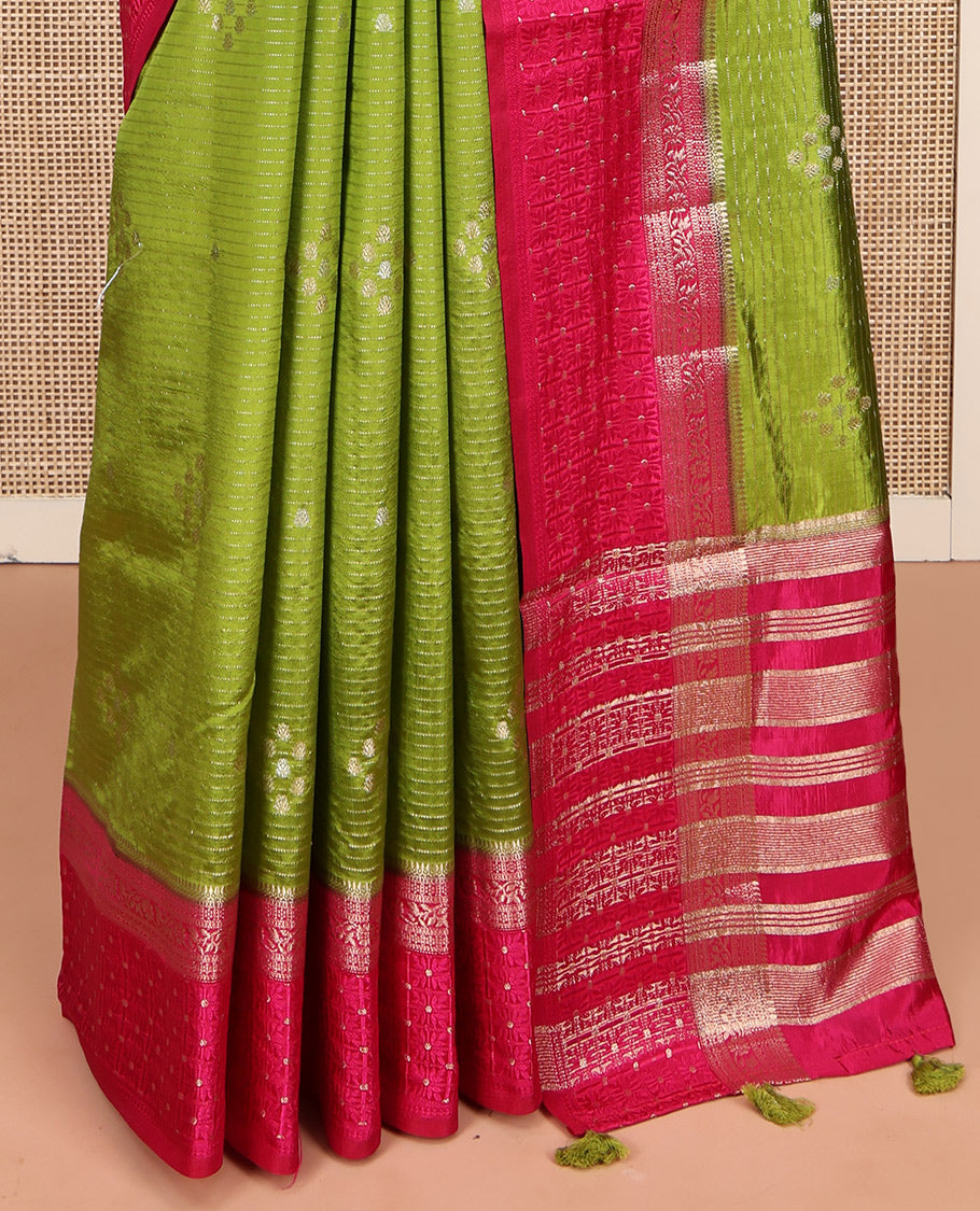 Green Semi-Banaras Dupion Saree, Detailed with Zari Buttas and Stripes, Complemented by Contrast Traditional Border, Zari Striped Pallu, and a Contrast Blouse
