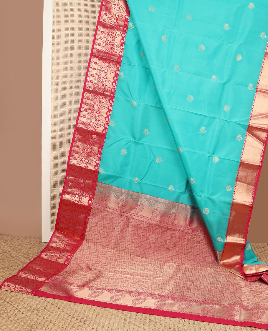 Blue zari buttas vasundhara silk mix saree, contrast geometric pallu & border of rekku,peacock & geometric designs
