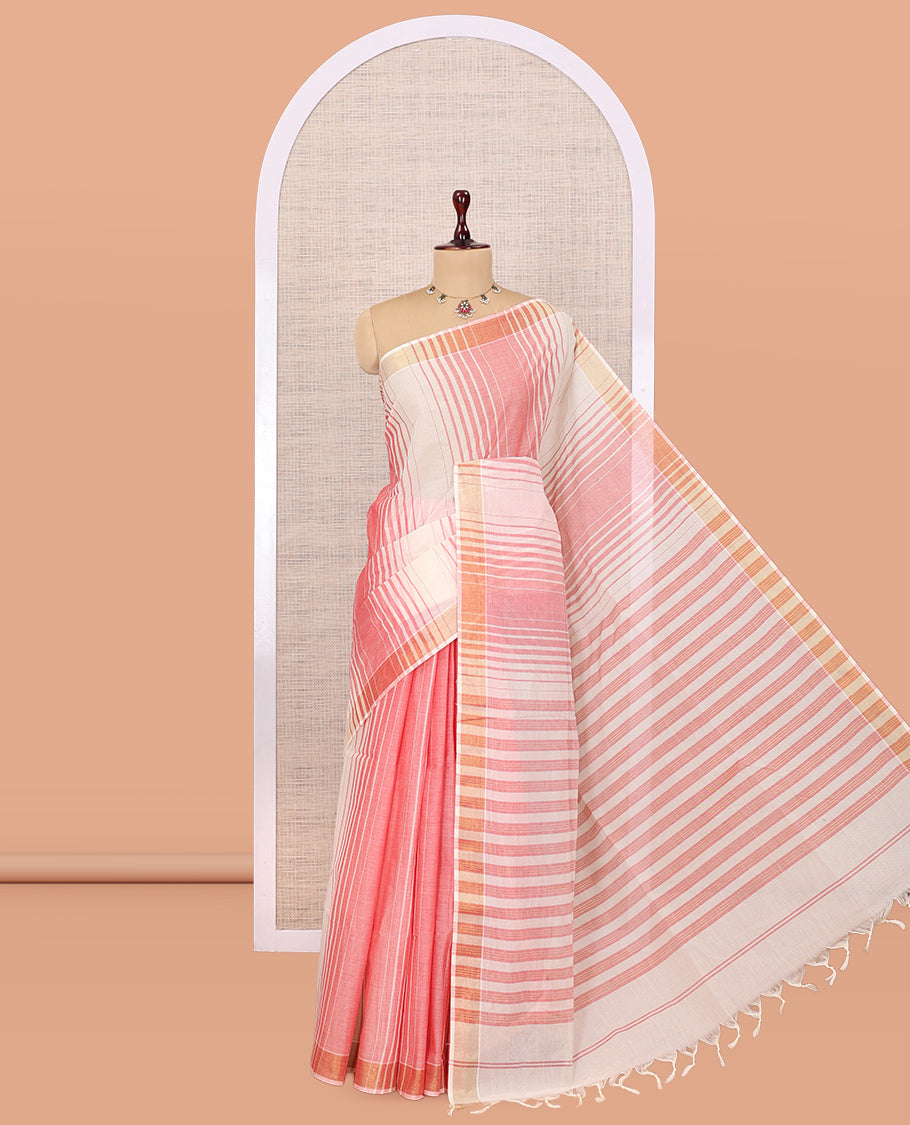 Cream-Peach Jute Cotton Saree