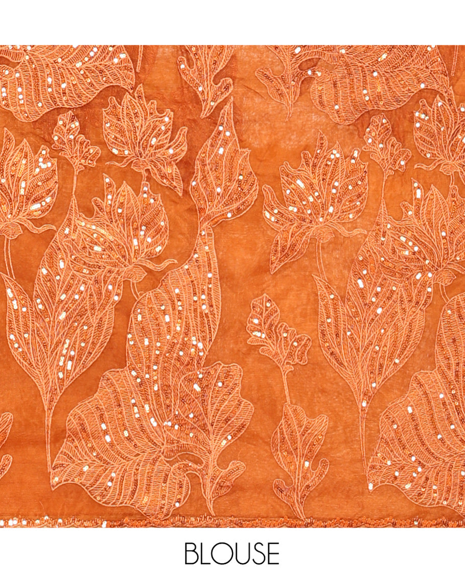 Orange Organza Saree, Gracefully Embellished with Floral Sequins-Thread Embroidery, Scallop-Embroidered Border, and a Matching Blouse