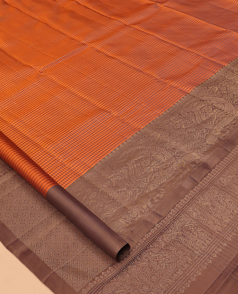 Orange Mayuri Lite Silk Mix Saree, Beautifully Bedecked with Checked Design, Contrast Traditional Zari Border, Jaal Pallu, and a Contrast Blouse
