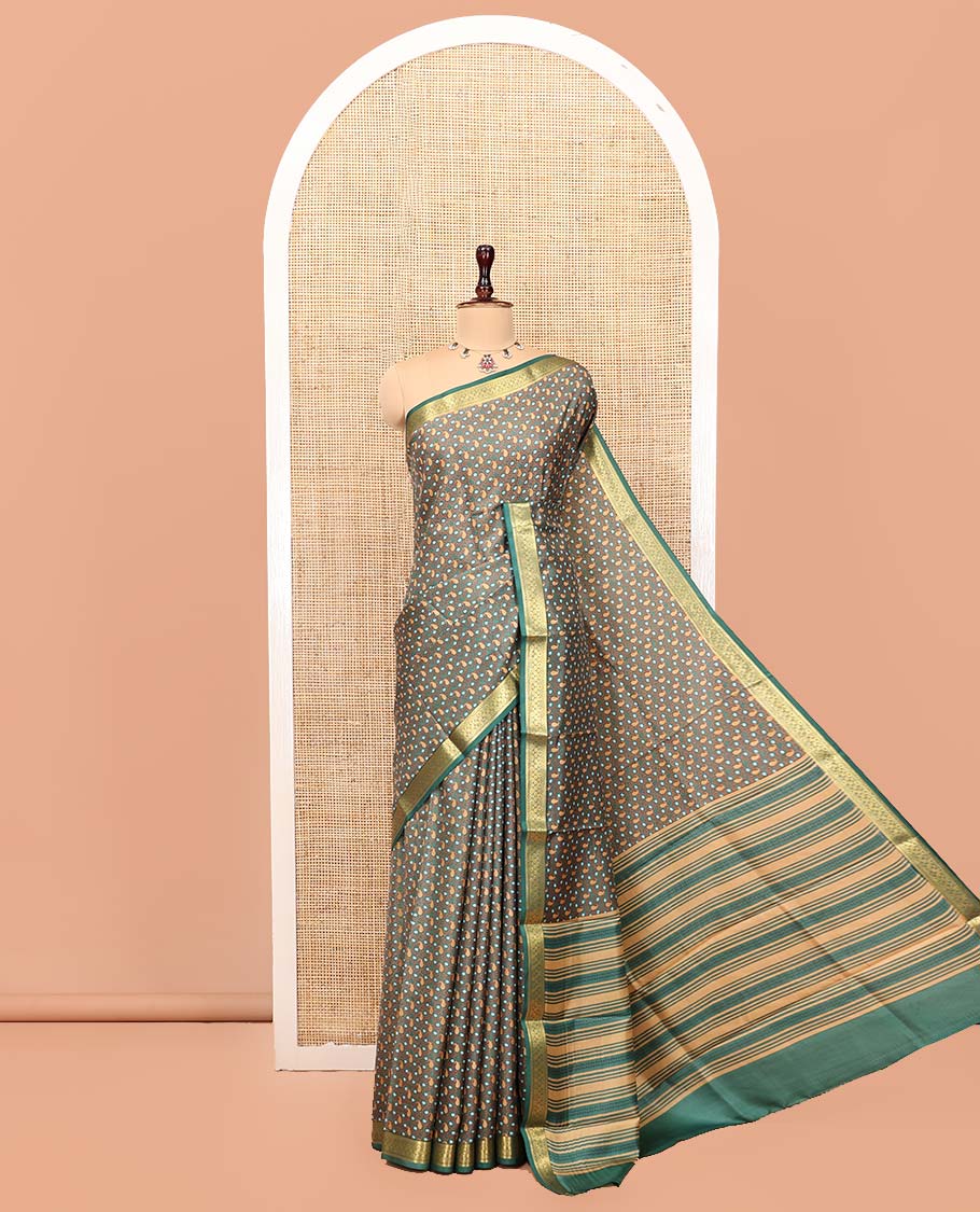Green Printed Silk Saree, Steeped with Paisley Vine Designs, Highlighted by a Traditional Zari Border, Printed Pallu, and a Matching Blouse