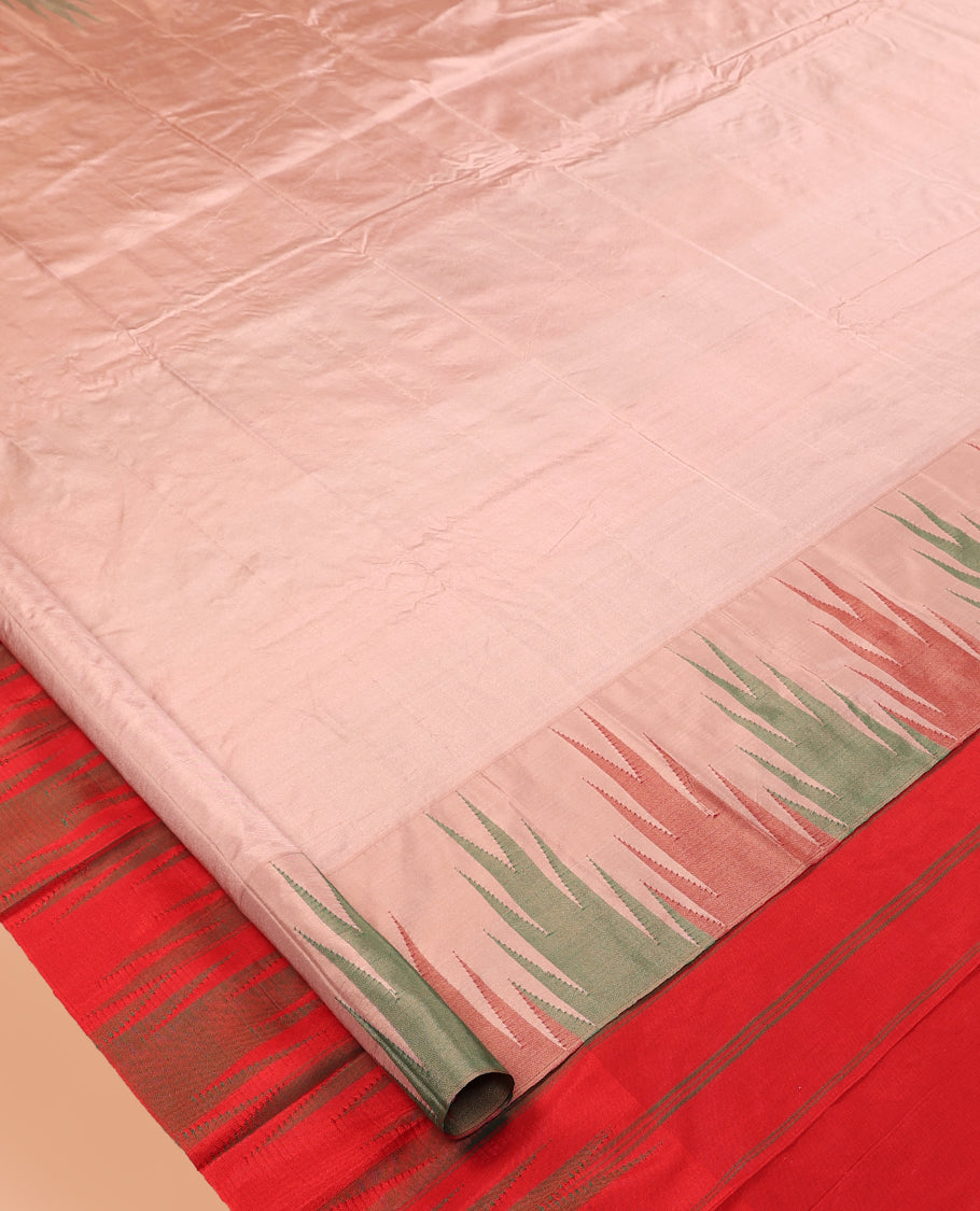 Light Sandal Plain Bangalore Silk Saree, Complemented by a Contrast Temple Border, Striped Pallu, and a Contrast Blouse