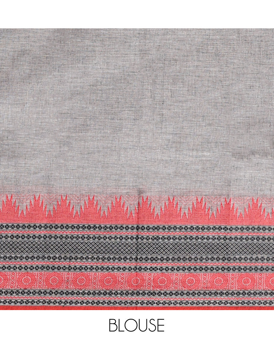 Grey Plain Chettinad Cotton Saree, Complemented by Contrast Temple Traditional Motifs Thread-Woven Border, Striped Pallu, and a Matching Blouse