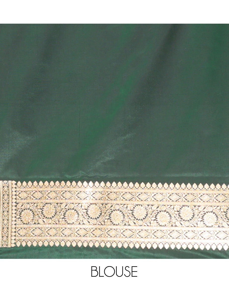 Green Banarasi Nylon Saree, Steeped with Buttas, Floral Creeper Zari Border, Intricate Pallu, and a Matching Blouse
