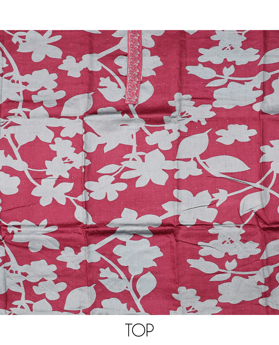 Burgundy and Grey Material Chudidar Set, Decorated with Silhouette-Style Floral Print, and Stone Work on Its Rayon Top, a Plain Rayon Bottom, and Paired with a Floral Printed Rayon Dupatta